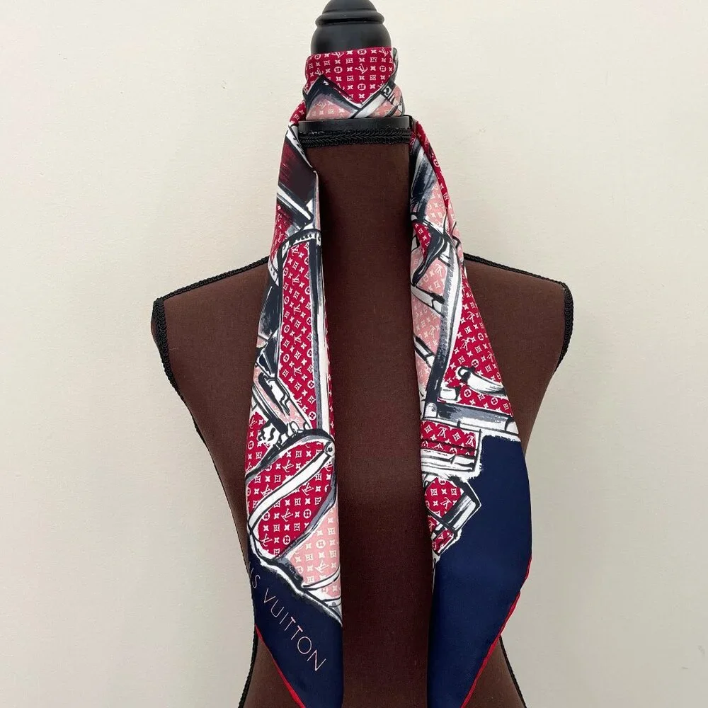 Louis Vuitton Scarf Trunks Luggage Monogram Blue Red Silk Wrap